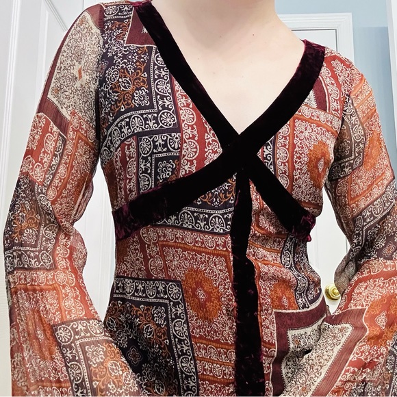 Y2K Blouse Fairy Long Sleeve Flared Silk Whimsigoth Boho Patterned Red Medium - Picture 2 of 8